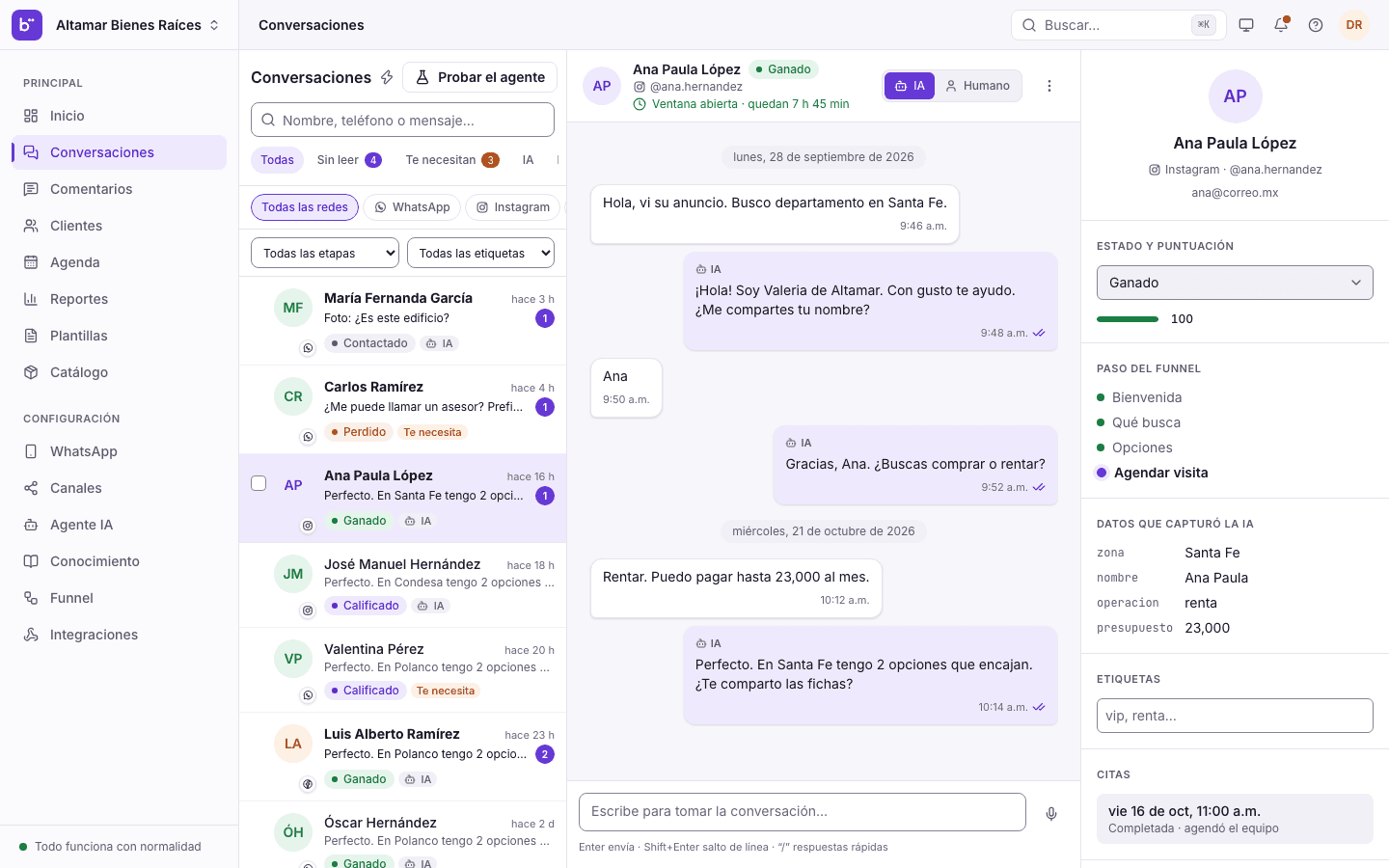 La bandeja de Braniia: lista de conversaciones y un chat con la IA respondiendo a un cliente